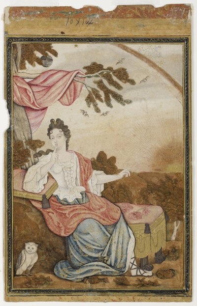 A European woman seated under a branch, with an owl, 1700-32 by Muhammad Sadiq